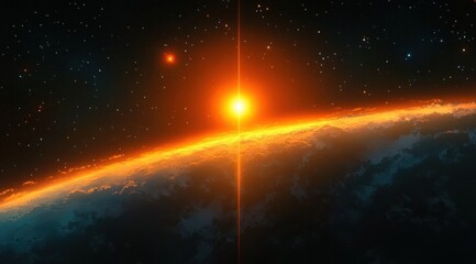 Cosmic Sunrise Over Planet Horizon with Bright Rays and Stars in Galactic Background