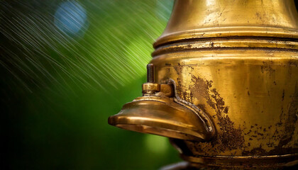 Close-up of aged brass, showcasing rich golden hues mixed with subtle green oxidation