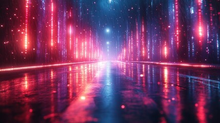 3D Rendering of Futuristic Neon Light Reflection in Grunge Wet Surface for Advertising and Business Technologies