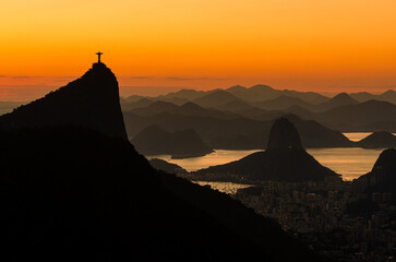 Warm Sunrise in Rio de Janeiro City With Beautiful Corcovado and Sugarloaf Mountains View