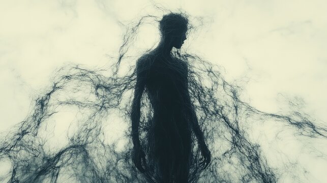 Silhouette of a person enveloped in dark, ethereal energy, suggesting mystery, spirituality, or the supernatural.