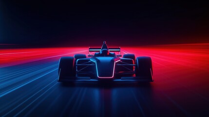 Futuristic race car moves fast on abstract track. Dynamic illumination highlights vehicle. Red, blue light streaks create motion effect. Modern design, high performance, speed. Competition concept.