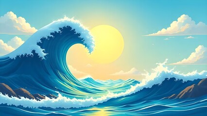 Big ocean wave. Summer landscape with sun and cloud. Vector illustration in flat style