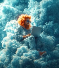 Cheerful Young Man on Cloud with Laptop in Cartoon Style for Mobile App and Cloud Services