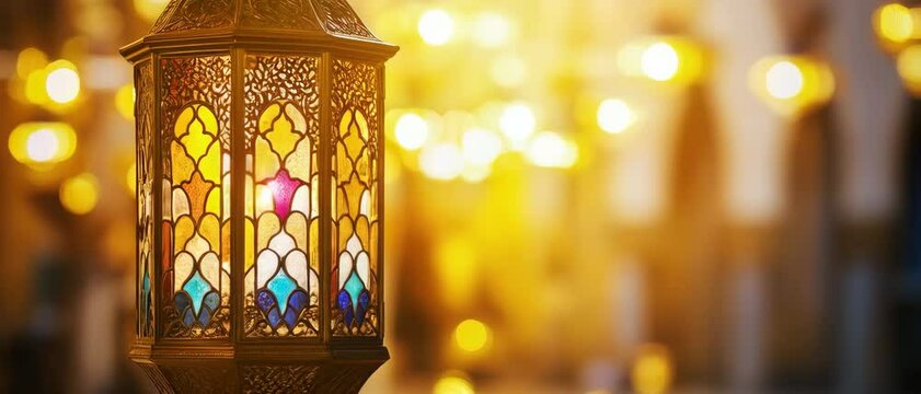 Anamorphic video Golden ramadan islamic lattern Lights Bokeh Glow. Animated islamic background.