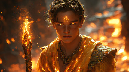 Young man with fiery eyes and staff amidst flames.