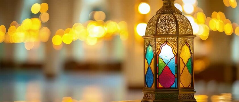 Anamorphic video Golden ramadan islamic lattern Lights Bokeh Glow. Animated islamic background.