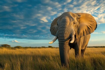 Fototapeta premium Majestic African elephant in golden savanna at sunset.
