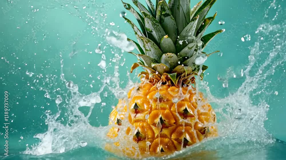 Poster fresh pineapple splashes into clear water against a vibrant teal background creating a refreshing vi