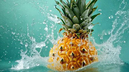 Fresh pineapple splashes into clear water against a vibrant teal background creating a refreshing visual delight, Fresh pineapple splashing into water with teal background
