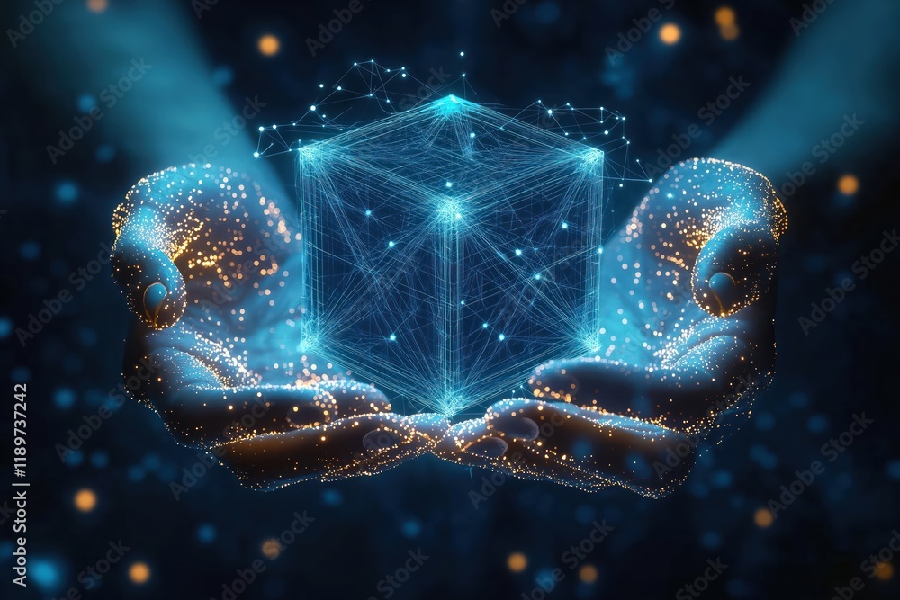 Poster two glowing hands hold digital cube. connecting lines form network structure within cube. dark blue 
