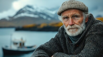 Portrait of an elderly Caucasian man with a long white beard, wearing a knitted sweater, sitting outdoors by the sea with mountains in the background.