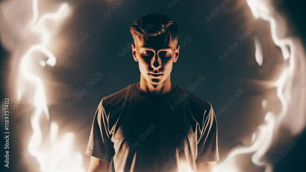 Poster man standing inside a glowing circle of light on a dark background