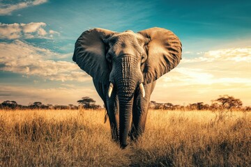 Obraz premium Majestic African elephant in the golden savanna at sunset.