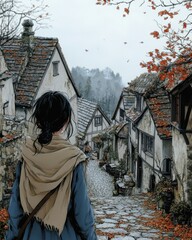 Naklejka premium A young woman walks away from the viewer down a cobblestone street in a medieval village during a cloudy autumn day.