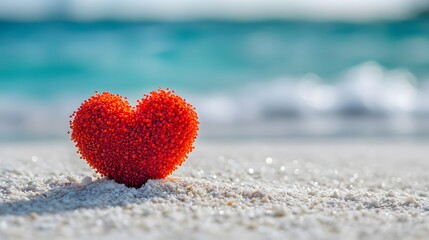 Fototapeta premium Red heart beach sand ocean wave romance