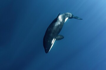 Orca swimming in a ray of light.