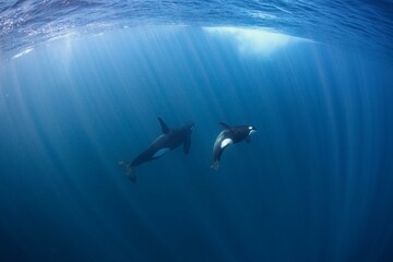 Pod of orcas crossing the ocean