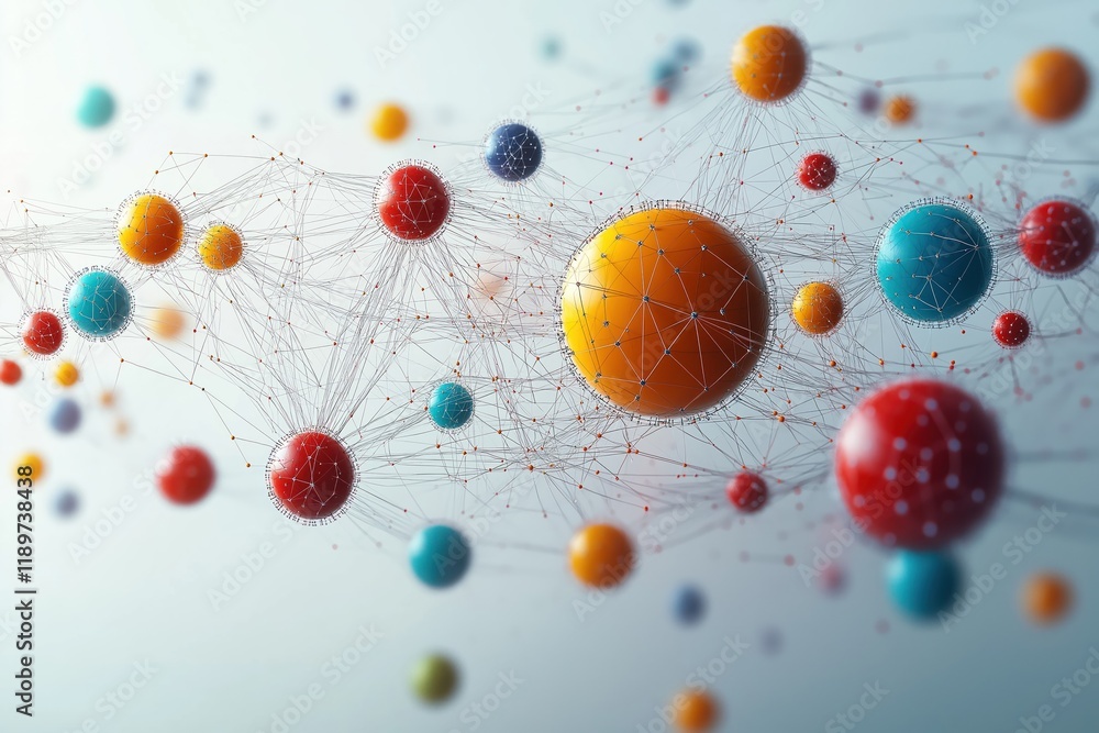 Poster colorful spheres connected by lines form complex network. global digital connection, online communit