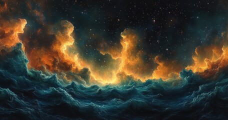 Impressionistic Cosmic Landscape with Nebula Clouds and Twinkling Stars