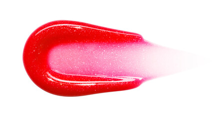 Red lip gloss texture isolated on white background. Smudged cosmetic product smear. Makeup swatch product sample