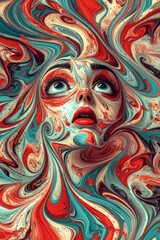 Closeup portrait of a woman's face merging with swirling red, blue, and green paint. Abstract and surreal.