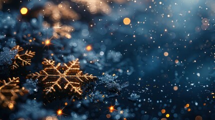 Sparkling golden snowflakes on a dark blue background with bokeh lights and snow.
