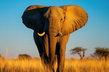 Obraz premium Majestic African elephant standing tall in golden savanna grass under a vibrant blue sky.