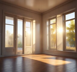 Fototapeta premium Morning sun streaming through a window into the room, stream, sunlight