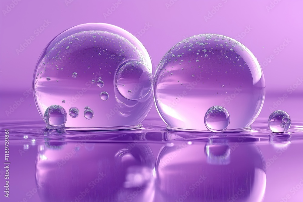 Poster purple liquid spheres with tiny bubbles. clear transparent liquid droplets create pure, fresh visual
