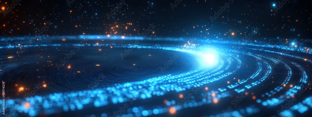 Poster futuristic digital landscape with swirling blue light trails and binary code