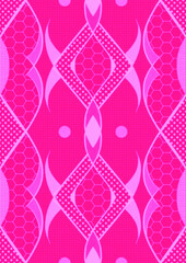 Hand-drawn abstract seamless ornament. Neon pink (plastic pink) background and glowing pattern on it. Cloth texture. Digital artwork, A4. (pattern: p12d)