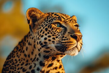 Fototapeta premium Majestic leopard at golden hour, eyes captivating against a soft blue sky.