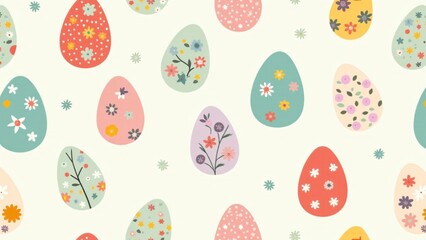 A seamless pattern of colorful Easter eggs with modern and vintage designs, ideal for fabric prints, stationery, and digital decor. Bold colors, pastel florals, and geometric shapes.