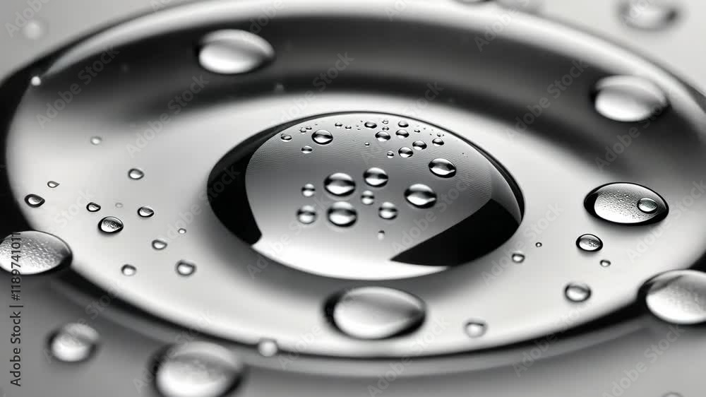 Poster close-up view of water droplets reflecting light on a smooth surface creating intricate patterns and