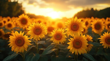 Obraz premium Sun setting over a field of sunflowers.