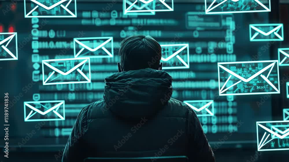 Poster hacker monitoring flagged threat emails on high tech screen in secure environment, hacker outline on