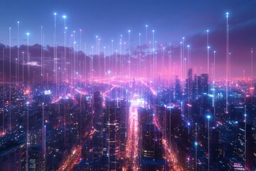 Fototapeta premium Futuristic Cityscape at Dusk with Neon Lines and Smart Technology