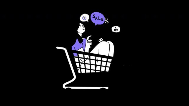Cartoon woman happily sitting in a shopping cart, engaging with sale promotions in a minimalistic style.