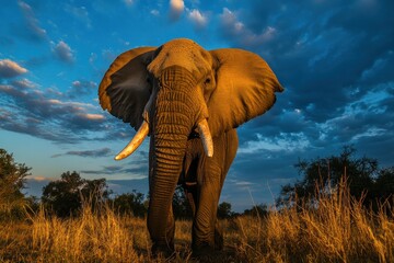 Naklejka premium Majestic African elephant at sunset, silhouetted against a vibrant sky.