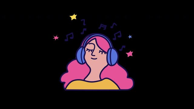 A cartoon girl with pink hair enjoying music through blue headphones, surrounded by musical notes and stars.