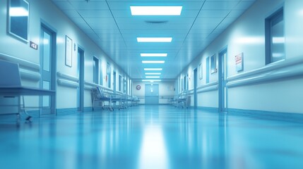 Empty Hospital Corridor, Medical Interior, Healthcare Background, Waiting Area, Blue Tones