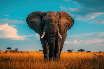 Fototapeta premium Majestic African elephant in golden savanna under a vibrant blue sky.