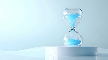 Data processing and time-sensitive tasks concept represented by a futuristic hourglass with flowing neon blue particles