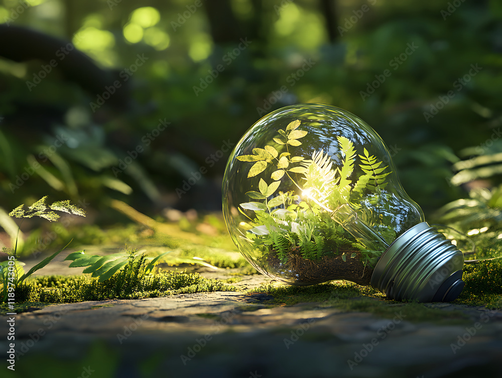 Poster lightbulb with plants in forest setting