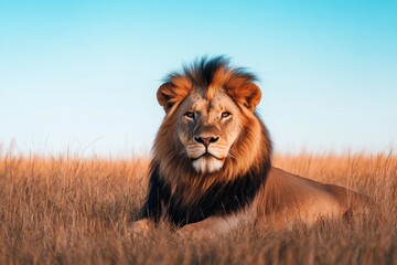 Majestic male lion resting in tall savanna grass under a clear blue sky.