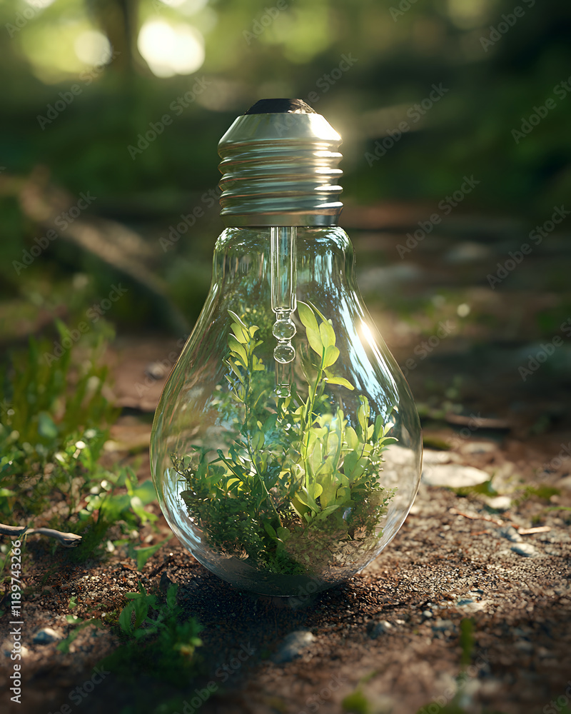 Poster lightbulb with plants in forest setting