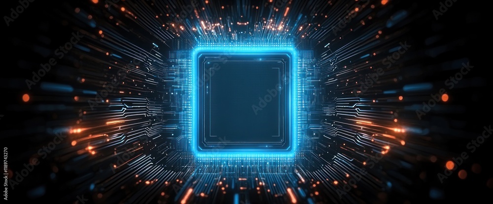 Poster futuristic microchip with glowing blue circuit lines and high-tech backlighting
