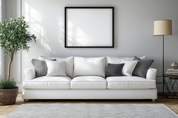 Minimalist Living Room Design with White Sofa and Geometric Rug in Scandinavian Interior
