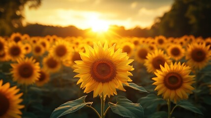 Obraz premium Sunlit sunflower field at sunset.